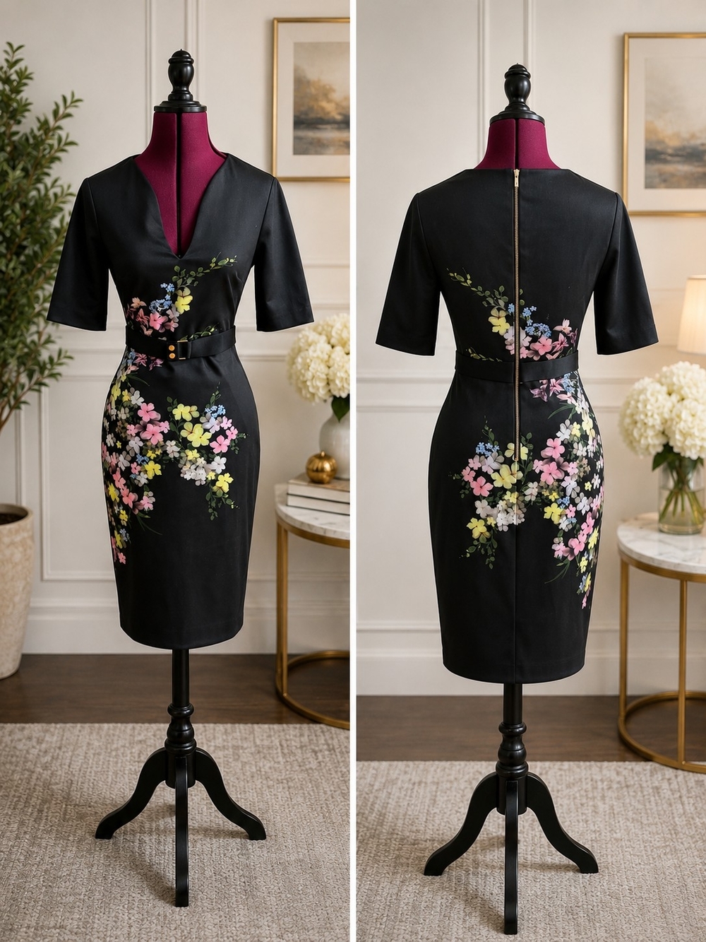 TED BAKER Floral Belted Sheath Dress - Black with Pink & Yellow Accents SIZE 0